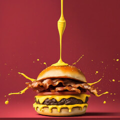splash Cheese burger with Bacon and Fries on red background