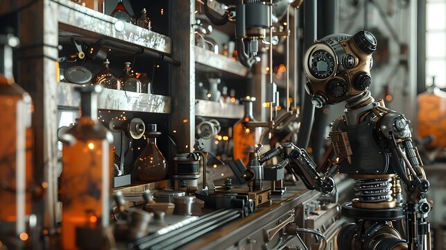Steampunk Programmable Robots Conducting Scientific Experiments in High-Tech Laboratory