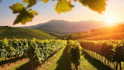 Naklejka premium Blur background of sunset shining over lush vineyards with rolling hills in the background.