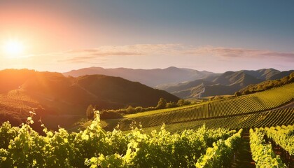 Blur background of sunset shining over lush vineyards with rolling hills in the background.