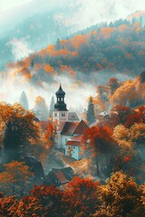 Naklejka premium Foggy mountain with colorful Autumn forest and church bell tower