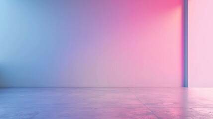 Empty room with a gradient blue to pink wall color, a white ceiling, and a textured floor that appears to be made of large square tiles