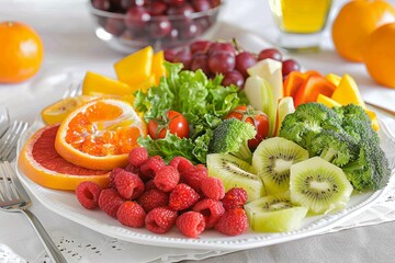 Healthy Diet Concept: Fresh Fruits and Vegetables Plate for Dental Health Promotion