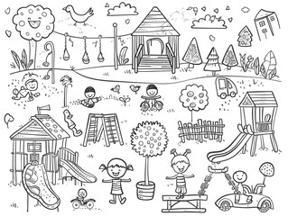 Children's drawing on the theme of children's playground. Drawings in black and white.