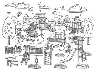 Obraz premium Children's drawing on the theme of children's playground. Drawings in black and white.
