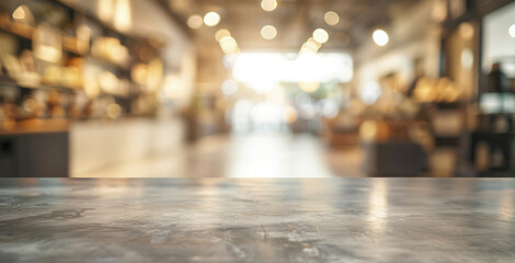 Empty marble table top with blurred coffee shop background. Ideal for product placement, this image features a clean marble countertop set against a warm and inviting coffee shop backdrop.