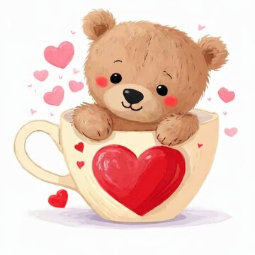 A teddy bear sits inside a white coffee cup, which features a red heart design, surrounded by small pink hearts floating around