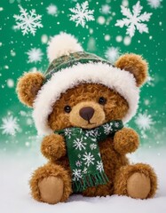 Brown stuffed bear wearing green scarf with white snowflake pattern