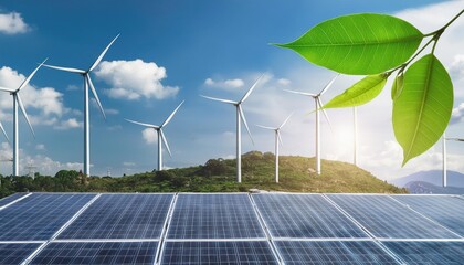 clean energy for transportation. wind turbine and solar panel.green leaf blowing in sky.renewable energy to businesses, people, and smart city .new generation of power.clean and environmental friendly