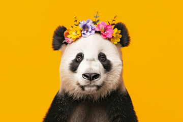 A charming panda wearing a beautiful floral crown on a vibrant yellow background