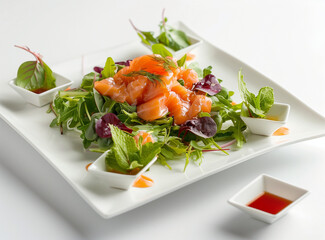 A delectable green salad with fresh greens, marinated salmon and wasabi in small white plates on the side