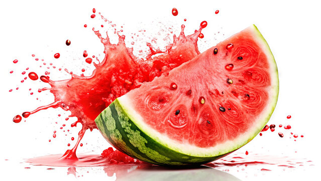 A vibrant watermelon slice explodes in a burst of red juice, creating a dynamic splash against a clean white backdrop