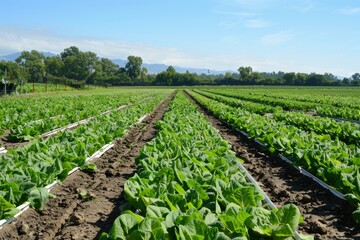 Genetically Modified Crops on a Large Farm with Healthy Plant Rows Stretching into the Distance
