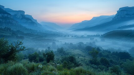 A scenic valley covered in smog from nearby factories, emphasizing the pervasive nature of air pollution in even the most remote natural landscapes. Dramatic Photo Style,