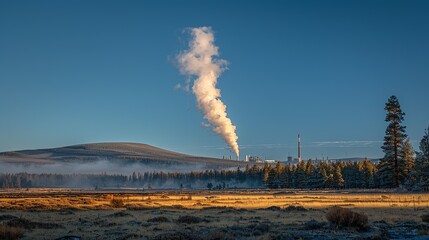A clear blue sky over a national park, gradually turning gray from the smoke of distant industrial plants, depicting the widespread reach of air pollution. Dramatic Photo Style,