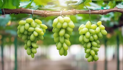 Close up of grapes hanging on branch. Hanging grapes. Tasty green grape bunches hanging