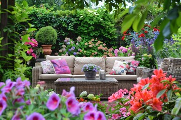 Stylish Outdoor Garden Setting with Wicker Sofa, Coffee Table, and Colorful Flowers for Relaxation