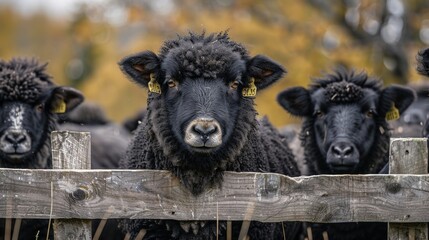 Fototapeta premium Sheep behind wooden fense in a farm
