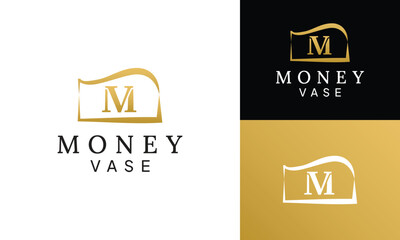 Luxury Letter Monogram M V MV VM Money Vase Logo Design Template for Finance Accounting Banking Wallet Investment or Salary Earning Money Saving Wealth Management Vector Logo.