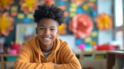 Fototapeta premium African American teenage boy sitting at his desk in a middle school classroom, smiling and looking directly into the camera. The room is filled with colorful decorations on the wall behind him.