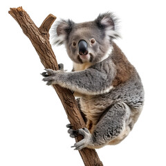 Obraz premium A cute koala clinging to a tree branch, displaying its fluffy grey fur and large ears, isolated on transparency PNG background, Perfect image for wildlife and nature themes.