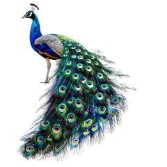 A vibrant peacock displays its colorful, isolated on transparency PNG background, eye-catching plumage, showcasing its feathers with brilliant hues and intricate details. © nattapon