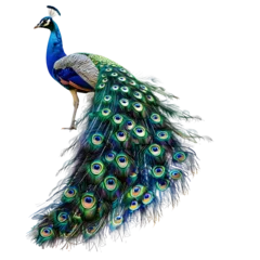 Velours gordijnen A vibrant peacock displays its colorful, isolated on transparency PNG background, eye-catching plumage, showcasing its feathers with brilliant hues and intricate details. © nattapon