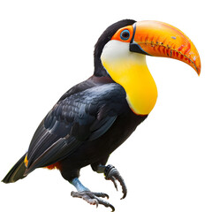 Fototapeta premium Colorful toucan with a vibrant orange beak and striking feathers standing on one leg, isolated on transparency PNG background.