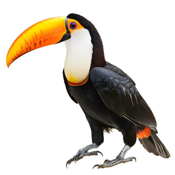 recommend clip art: Close-up of a vibrant toucan with its distinctive large orange beak and black feathers, set against a  isolated on transparency PNG background.