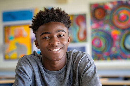 African American teenage boy sitting at his desk in a middle school classroom, smiling and looking directly into the camera. The room is filled with colorful decorations on the wall behind him.