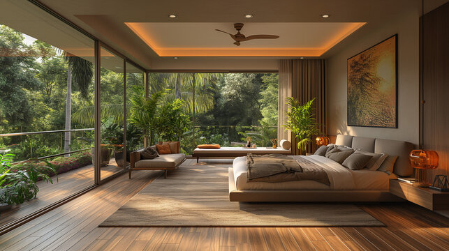bedroom with balcony of glass railing in Pune, dimension 5 meter by 4 meter, wooden floor, false ceiling , natural warm sunlight , modern style , photographic, dslr photography,