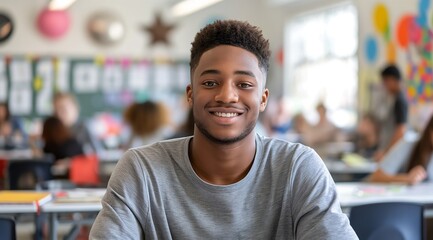 Naklejka premium African American teenage boy sitting at his desk in a middle school classroom, smiling and looking directly into the camera. The room is filled with colorful decorations on the wall behind him.