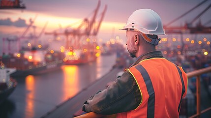 Obraz premium pensive dock worker in safety gear overlooking busy shipping port at twilight