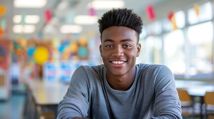 Fototapeta premium African American teenage boy sitting at his desk in a middle school classroom, smiling and looking directly into the camera. The room is filled with colorful decorations on the wall behind him.