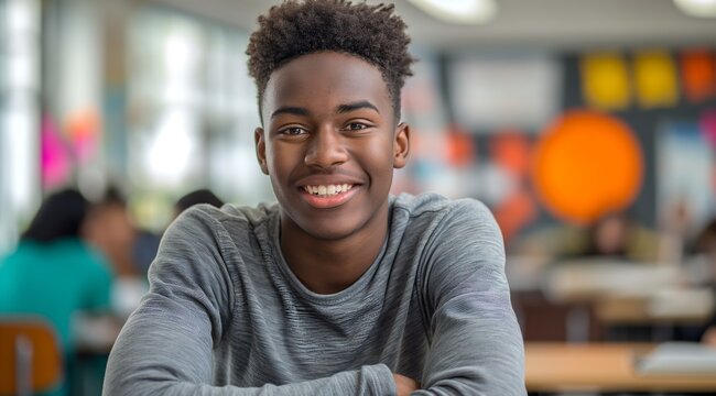 African American teenage boy sitting at his desk in a middle school classroom, smiling and looking directly into the camera. The room is filled with colorful decorations on the wall behind him.