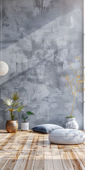 Minimalist zen room interiors with copyspace for text. Zen interior design composition with minimal decor and copyspace.