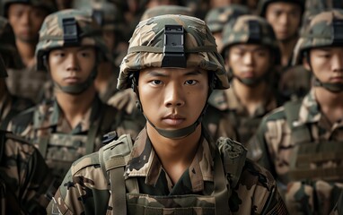A young Asian man in a neat military uniform, symbolizing strength.