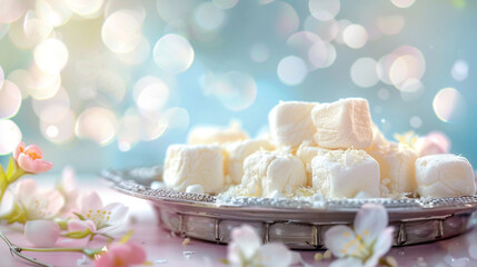 White cake cubes with flowers in the background