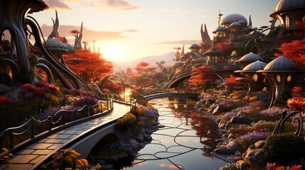 Obraz premium Dubai Miracle Garden full view at sunset moment