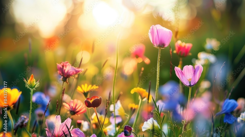 Poster Colorful wildflowers blossom in a sunlit meadow during the summer season