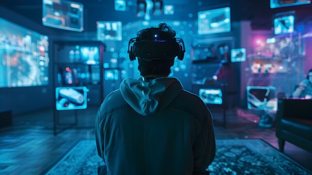 Gamer Fully Immersed in Futuristic Virtual Reality Gaming Environment - Powered by Adobe