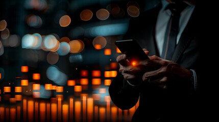 Businessman using smartphone with financial graph overlay