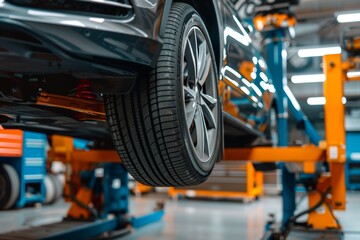 Fototapeta premium Mechanic Inspecting Car Alignment in Auto Garage Using Specialized Equipment for Tire Maintenance