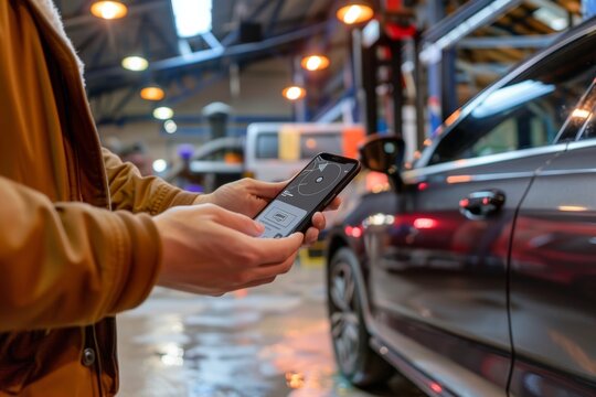 Car Owner Scheduling Brake Service via Smartphone App at Local Auto Repair Shop