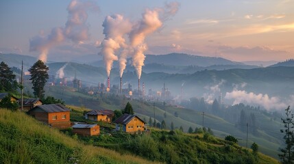 A serene hillside village with a backdrop of factories billowing smoke, illustrating the proximity of industrial activities to residential areas and their impact on air quality and public health.