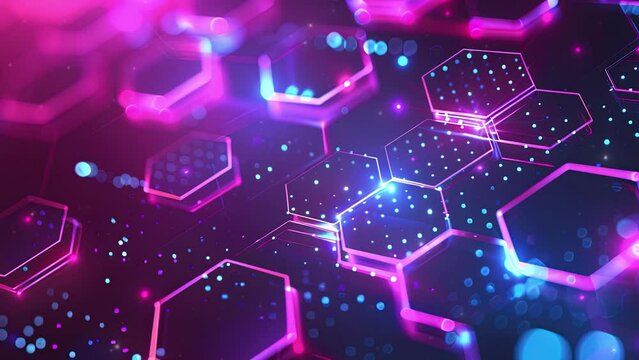 Futuristic geometric pattern. Abstract purple and blue background with a hexagon pattern for technology, science or medical design. A futuristic tech template with a glowing light effect. Copy space