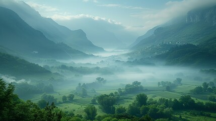 Obraz premium A scenic valley covered in smog from nearby factories, emphasizing the pervasive nature of air pollution in even the most remote natural landscapes, and the far-reaching consequences of industrial