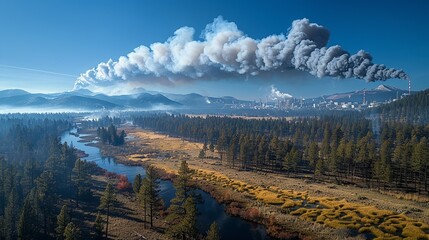 A clear blue sky over a national park, gradually turning gray from the smoke of distant industrial plants, depicting the widespread reach of air pollution and its impact on protected natural areas.