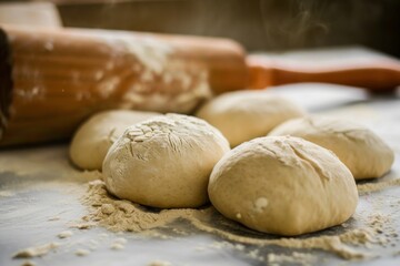 Fototapeta premium Several doughnuts are sitting on a counter with a rolling pin