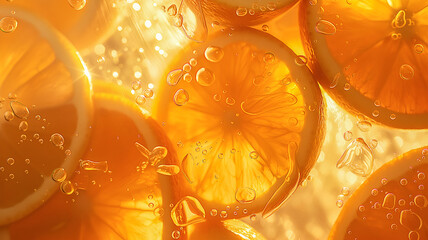 Background with orange slices in water with water drops and sunlight. Summer orange fruit background.